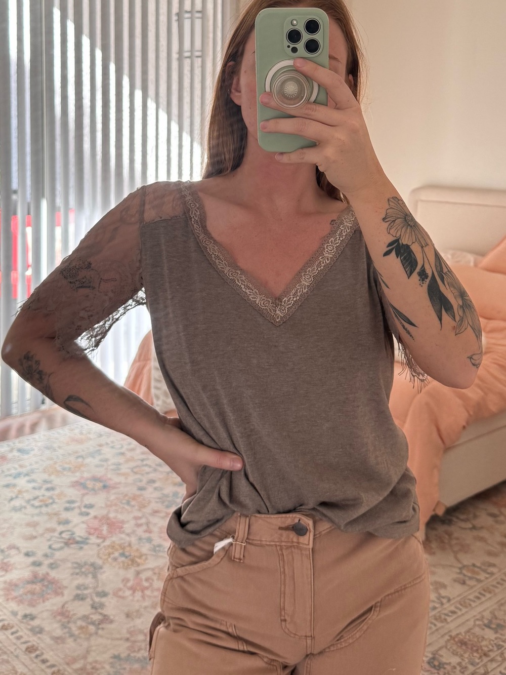 Amazon Women's Short Sleeve Lace Trim V-Neck Top in Taupe